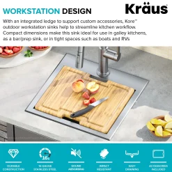 Sale 15" × 15" Outdoor T-316 Marine Grade Workstation Sink with Cutting Board | KWT321-15-316 Outdoor Sinks & Accessories|Laundry Room Chevron Down Icon