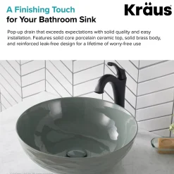 Outlet Pop-Up Drain with Porcelain Ceramic Top for Bathroom Sink without Overflow, Gloss Grey Sink Drains|Overflow Bathroom Sink Drains