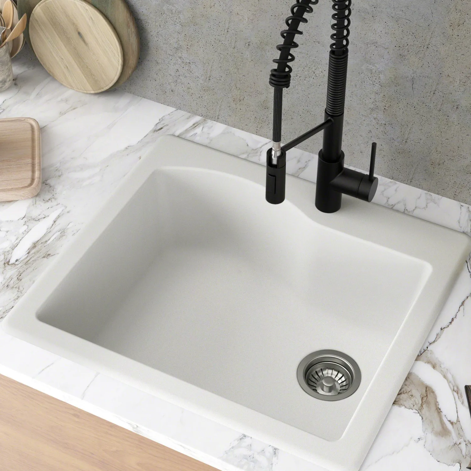 Clearance Quarza 25" Dual Mount Single Bowl Granite Kitchen Sink in White Drop-In / Top Mount Sinks|Single Bowl Sinks