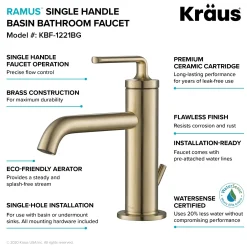 Sale Ramus Single Handle Bathroom Sink Faucet with Lift Rod Drain in Brushed Gold Single Hole