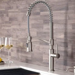 Online Sellette Commercial Style Pull-Down Kitchen Faucet with Deck Plate and Soap Dispenser in Spot Free Stainless Steel Single Hole