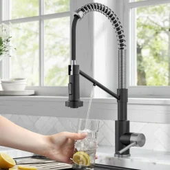 Hot Single Handle Kitchen Faucet with Integrated Dispenser for Water Filtration in Spot-Free Stainless Steel & Matte Black Single Hole|Water Filter Faucets