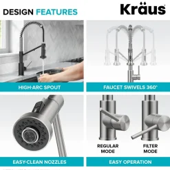 Hot Single Handle Kitchen Faucet with Integrated Dispenser for Water Filtration in Spot-Free Stainless Steel & Matte Black Single Hole|Water Filter Faucets