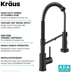 Single Handle Kitchen Faucet with Integrated Dispenser for Water Filtration in Matte Black Single Hole|Water Filter Faucets