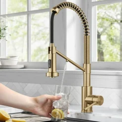 Best Single Handle Kitchen Faucet with Integrated Dispenser for Water Filtration in Brushed Brass Single Hole|Water Filter Faucets