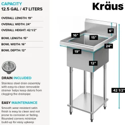 Outlet Standart Pro 19” Wide Stainless Steel Laundry Utility Sink Kraus Free Standing Utility Sinks|Laundry & Utility Sinks