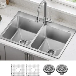 33” Topmount Double Bowl Stainless Steel Kitchen Sink Drop-In / Top Mount Sinks|Double Bowl Sinks
