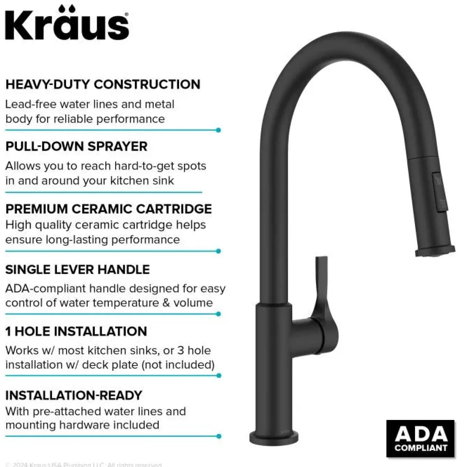 New Torak Single Handle Pull Down Kitchen Faucet in Matte Black Single Hole