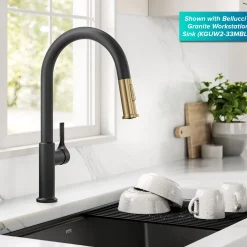 Hot Torak Single Handle Pull Down Kitchen Faucet in Matte Black with Brushed Brass Single Hole