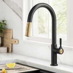 Hot Torak Single Handle Pull Down Kitchen Faucet in Matte Black with Brushed Brass Single Hole