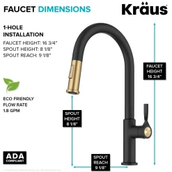 Hot Torak Single Handle Pull Down Kitchen Faucet in Matte Black with Brushed Brass Single Hole