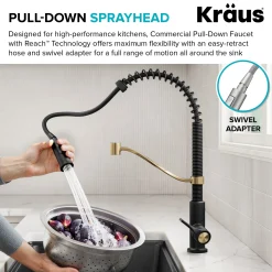 Torak Single Handle Pull Down Kitchen Faucet in Matte Black with Brushed Brass Single Hole