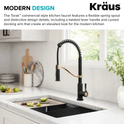 Torak Single Handle Pull Down Kitchen Faucet in Matte Black with Brushed Brass Single Hole