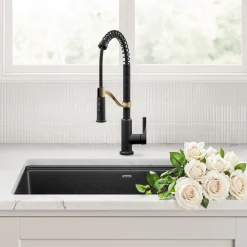 Torak Single Handle Pull Down Kitchen Faucet in Matte Black with Brushed Brass Single Hole