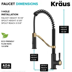 Torak Single Handle Pull Down Kitchen Faucet in Matte Black with Brushed Brass Single Hole