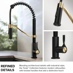Torak Single Handle Pull Down Kitchen Faucet in Matte Black with Brushed Brass Single Hole