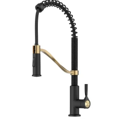 Torak Single Handle Pull Down Kitchen Faucet in Matte Black with Brushed Brass Single Hole