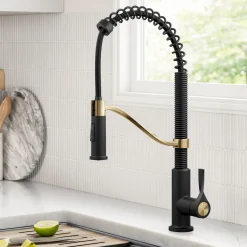 Torak Single Handle Pull Down Kitchen Faucet in Matte Black with Brushed Brass Single Hole