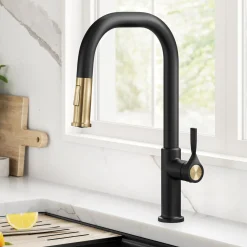 Clearance Torak Single Handle Pull Down Kitchen Faucet in Matte Black with Brushed Brass Single Hole