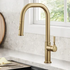 Sale Torak Single Handle Pull Down Kitchen Faucet in Brushed Brass Single Hole