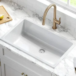 Clearance Turino 30" Drop-In or Undermount Fireclay Kitchen Sink with Thick Mounting Deck in Gloss White Drop-In / Top Mount Sinks|Single Bowl Sinks