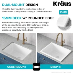 Discount Turino 24" Drop-In or Undermount Fireclay Kitchen Sink with Thick Mounting Deck in Gloss White Drop-In / Top Mount Sinks|Single Bowl Sinks