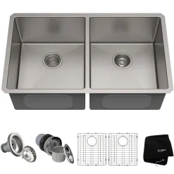 Hot 33" Undermount 50/50 Double Bowl 16 Gauge Stainless Steel Kitchen Sink with NoiseDefend Soundproofing Stainless Steel Sinks|Double Bowl Sinks