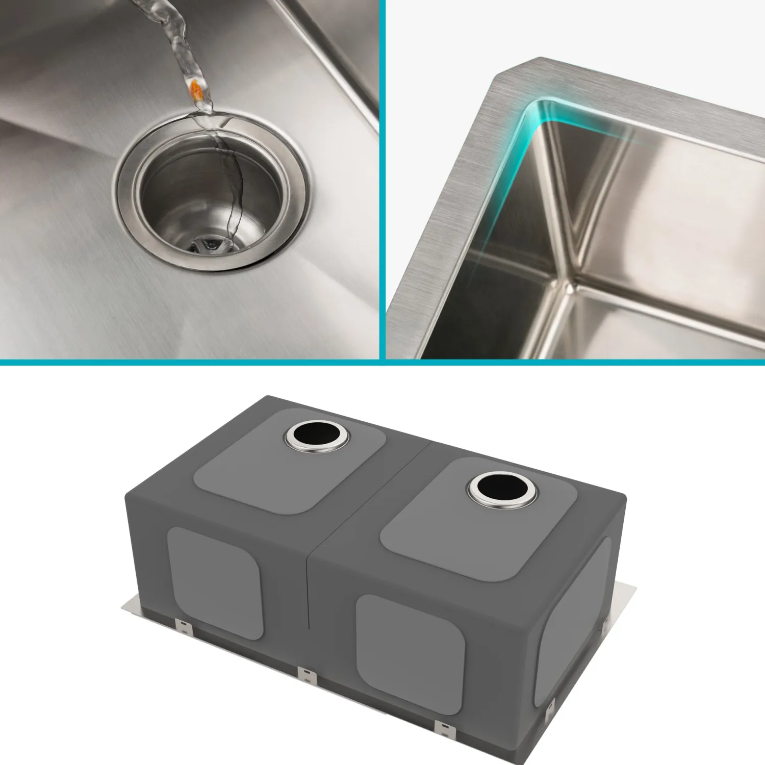 Hot 33" Undermount 50/50 Double Bowl 16 Gauge Stainless Steel Kitchen Sink with NoiseDefend Soundproofing Stainless Steel Sinks|Double Bowl Sinks