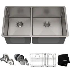Hot 33" Undermount 40/60 Double Bowl 16 Gauge Stainless Steel Kitchen Sink with NoiseDefend Soundproofing Stainless Steel Sinks|Double Bowl Sinks