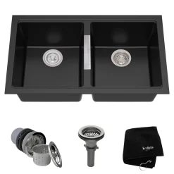 33" Undermount 50/50 Double Bowl Black Onyx Granite Kitchen Sink Double Bowl Sinks|Undermount Sinks