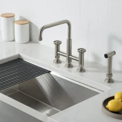 Clearance Urbix Bridge Kitchen Faucet with Side Sprayer in Spot Free Stainless Steel Bridge Faucets