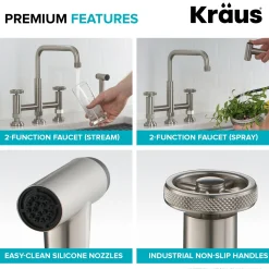 Clearance Urbix Bridge Kitchen Faucet with Side Sprayer in Spot Free Stainless Steel Bridge Faucets