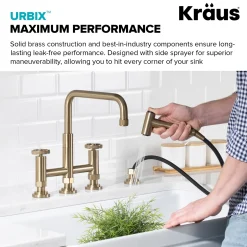 Best Urbix Bridge Kitchen Faucet with Side Sprayer in Brushed Gold Bridge Faucets