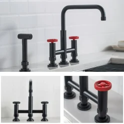 Discount Urbix Bridge Kitchen Faucet with Side Sprayer in Matte Black/Red Bridge Faucets