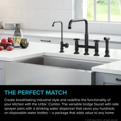 Clearance Urbix Industrial Bridge Kitchen Faucet & Water Filter Faucet in Matte Black Water Filter Faucets|Bridge Faucets