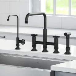 Clearance Urbix Industrial Bridge Kitchen Faucet & Water Filter Faucet in Matte Black Water Filter Faucets|Bridge Faucets