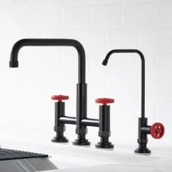 Best Urbix Industrial Bridge Kitchen Faucet & Water Filter Faucet in Matte Black/Red Water Filter Faucets|Bridge Faucets