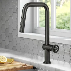 Urbix Industrial Pull-Down Single Handle Kitchen Faucet in Black Stainless Single Hole