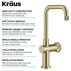 Outlet Urbix Industrial Single Handle Kitchen Bar Faucet in Brushed Gold Single Hole|Bar Faucets