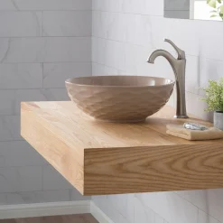 Viva Round Beige Porcelain Ceramic Vessel Bathroom Sink with Pop-Up Drain Above Counter / Vessel Sinks