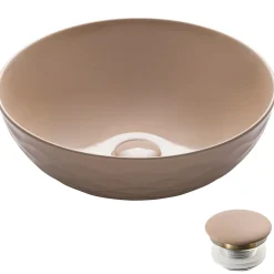Viva Round Beige Porcelain Ceramic Vessel Bathroom Sink with Pop-Up Drain Above Counter / Vessel Sinks