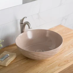 Viva Round Beige Porcelain Ceramic Vessel Bathroom Sink with Pop-Up Drain Above Counter / Vessel Sinks