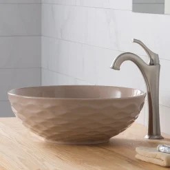 Viva Round Beige Porcelain Ceramic Vessel Bathroom Sink with Pop-Up Drain Above Counter / Vessel Sinks