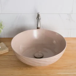 Viva Round Beige Porcelain Ceramic Vessel Bathroom Sink with Pop-Up Drain Above Counter / Vessel Sinks