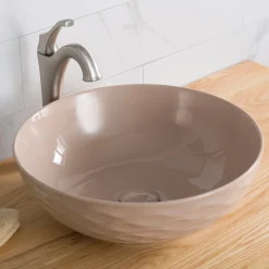 Viva Round Beige Porcelain Ceramic Vessel Bathroom Sink with Pop-Up Drain Above Counter / Vessel Sinks