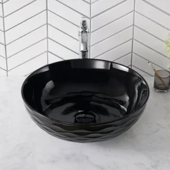 Viva Round Black Porcelain Ceramic Vessel Bathroom Sink with Pop-Up Drain Above Counter / Vessel Sinks