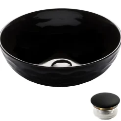 Viva Round Black Porcelain Ceramic Vessel Bathroom Sink with Pop-Up Drain Above Counter / Vessel Sinks