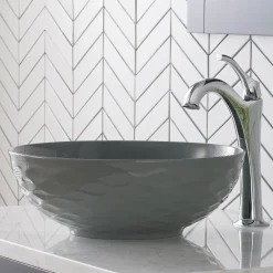 Clearance Viva Round Gray Porcelain Ceramic Vessel Bathroom Sink with Pop-Up Drain Above Counter / Vessel Sinks
