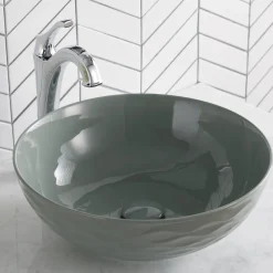Clearance Viva Round Gray Porcelain Ceramic Vessel Bathroom Sink with Pop-Up Drain Above Counter / Vessel Sinks