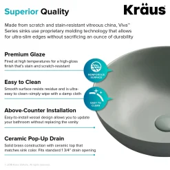 Clearance Viva Round Gray Porcelain Ceramic Vessel Bathroom Sink with Pop-Up Drain Above Counter / Vessel Sinks